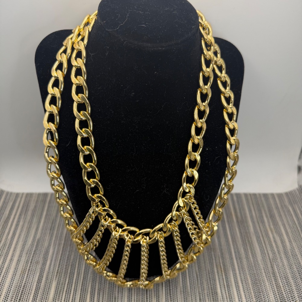 Gold Tone Chunky Multi Strand Bib Statement Necklace Draped Curb Chain 20in